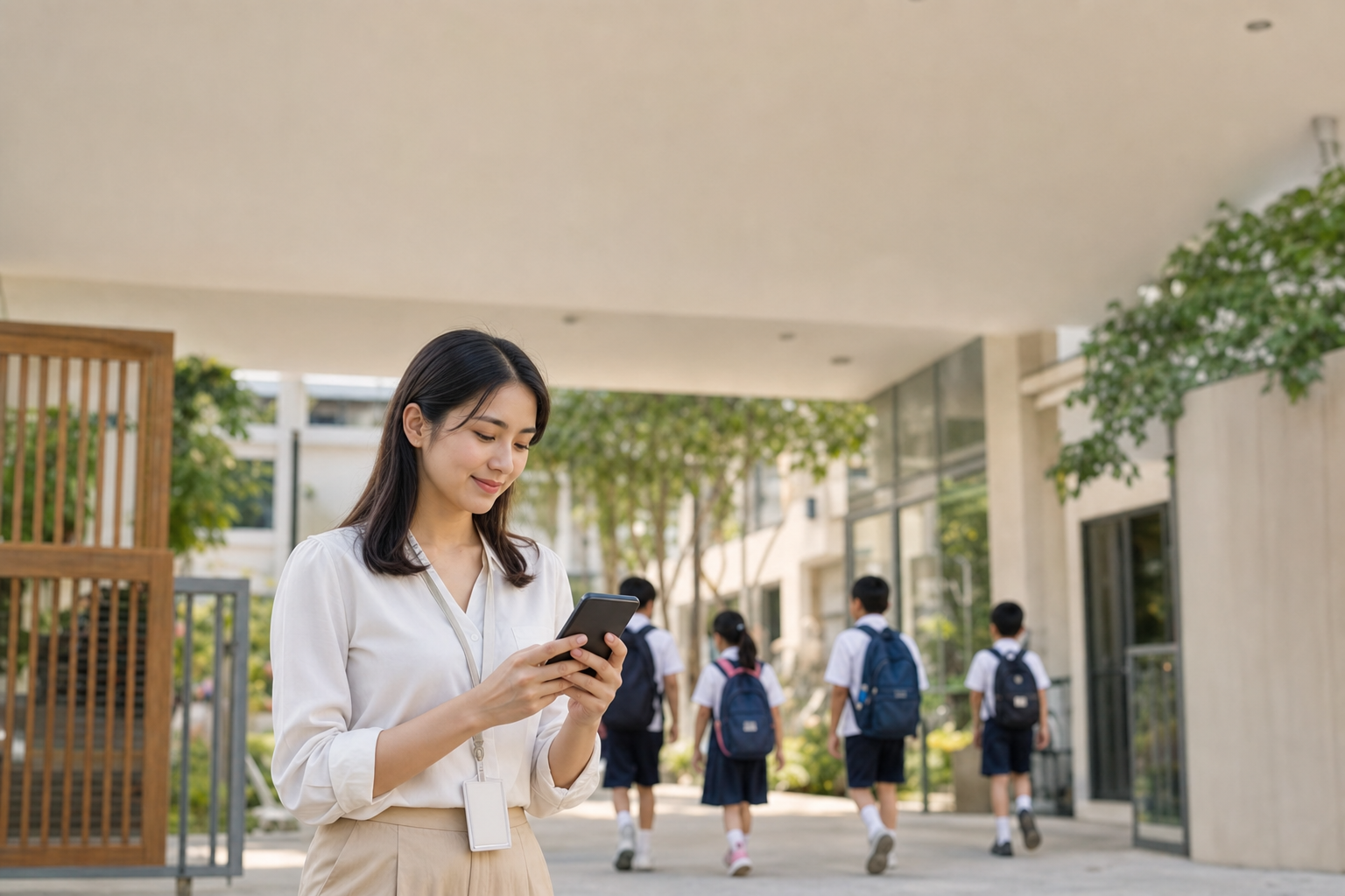 Teacher recording attendance as students arrive at school