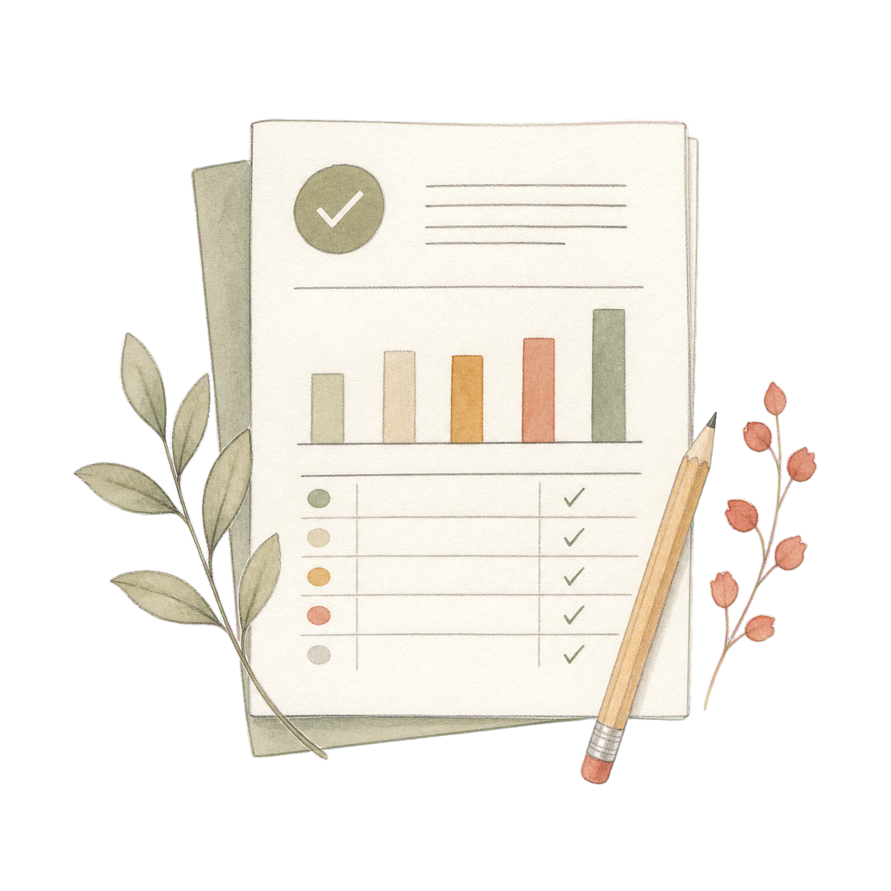 Hand-drawn attendance report, check mark, and pencil