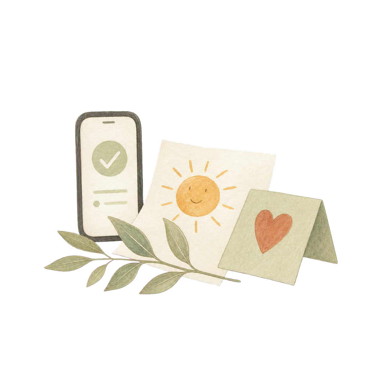 Hand-drawn phone, attendance check, child drawing, and note