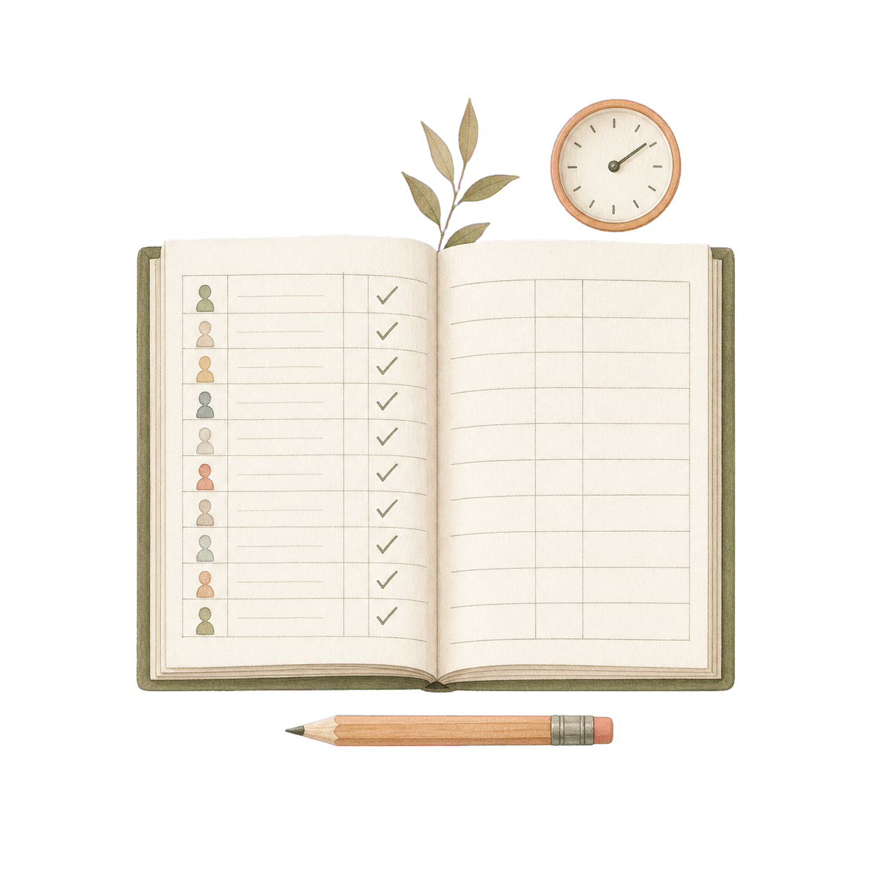 Hand-drawn class register, clock, and pencil