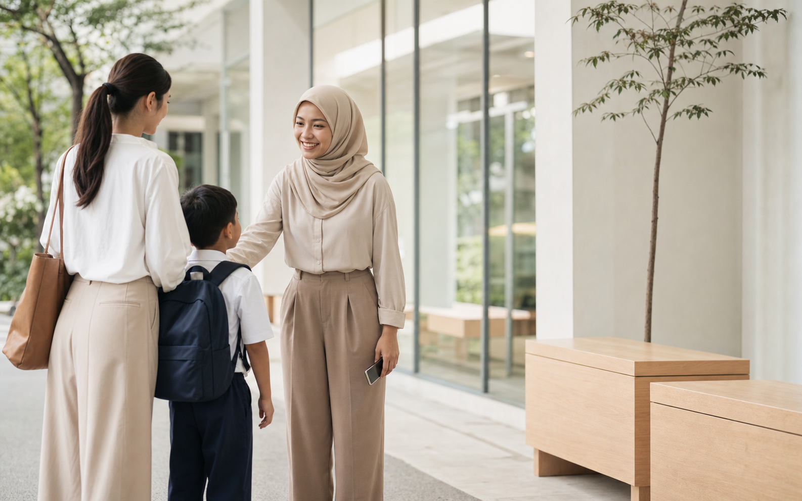 An educator warmly greets a family at school drop-off.