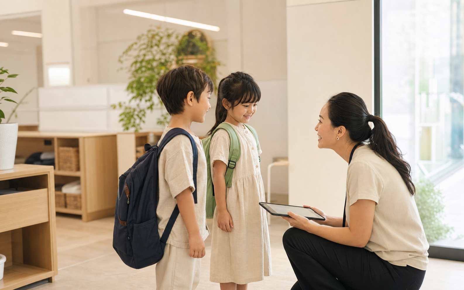 An educator welcomes two children at morning check-in.