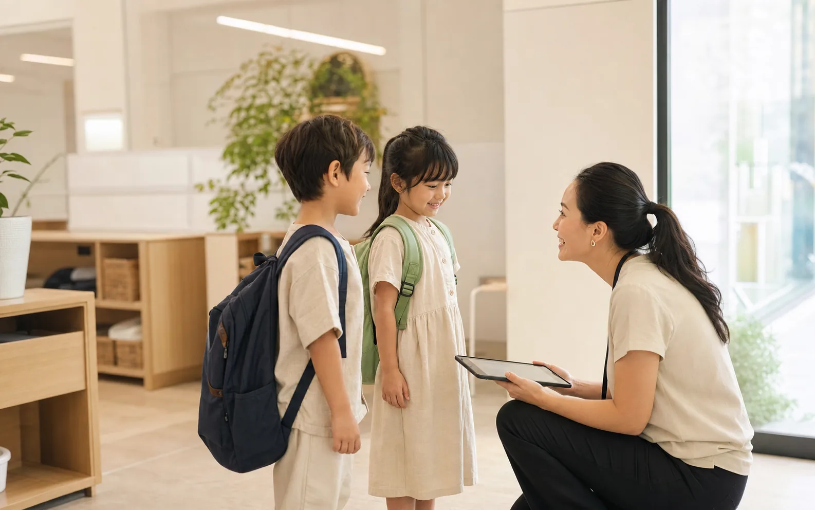An educator welcomes two children at morning check-in.