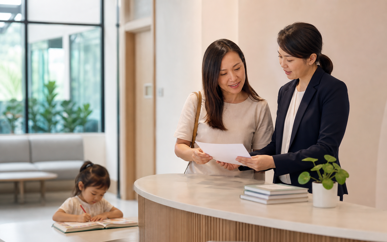 A school administrator and parent review a consent form while a child draws nearby.
