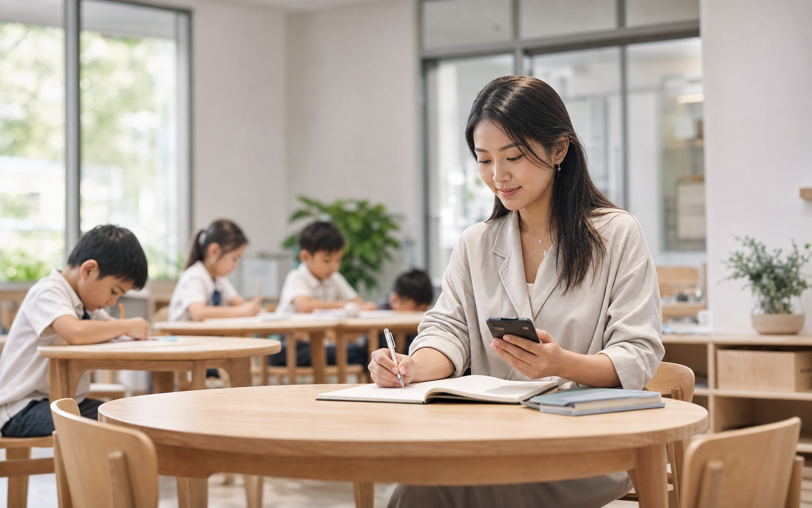 An educator makes a supportive note while checking a quiet notification.