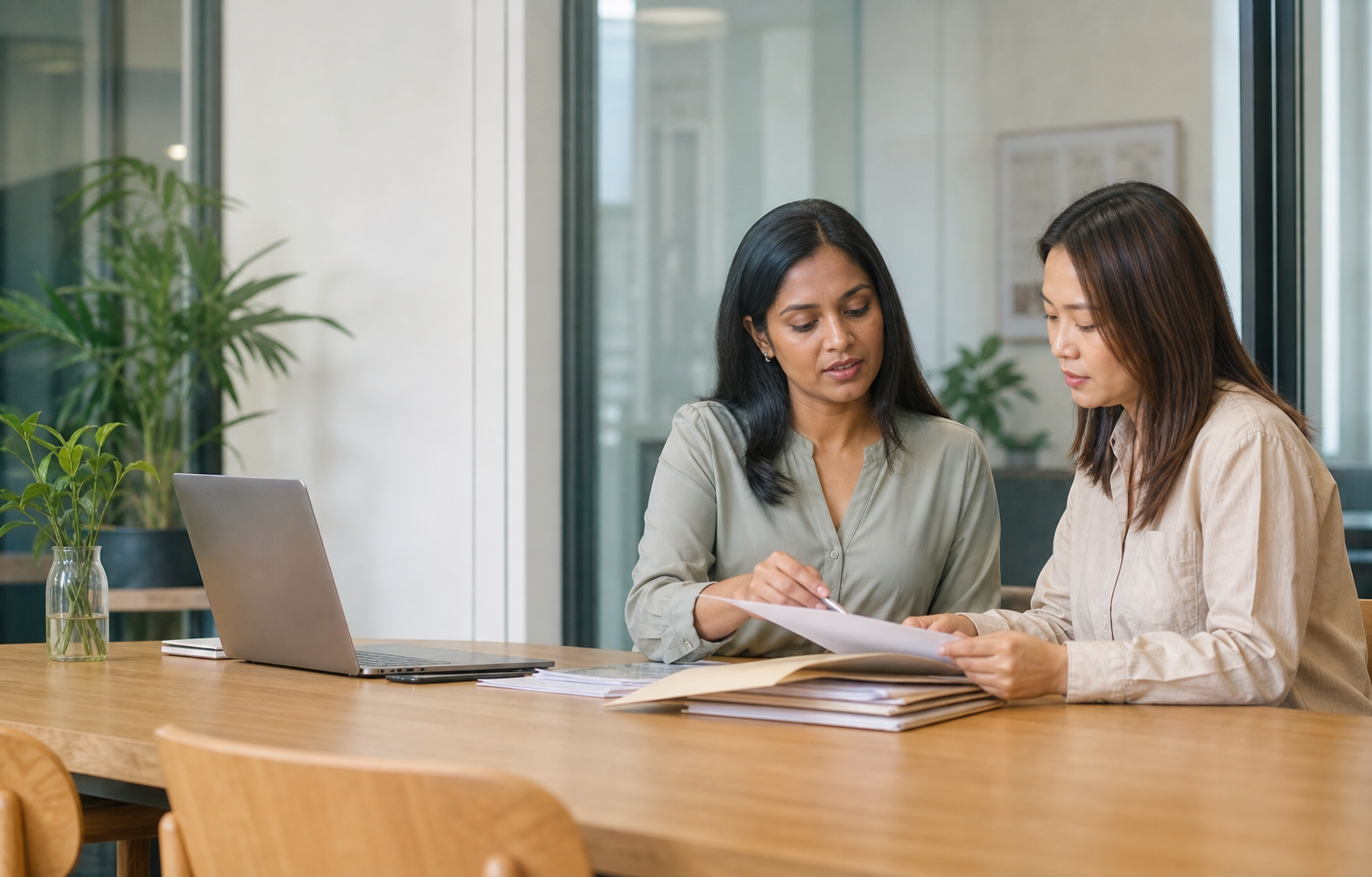 Two colleagues calmly reconcile school finance records together.