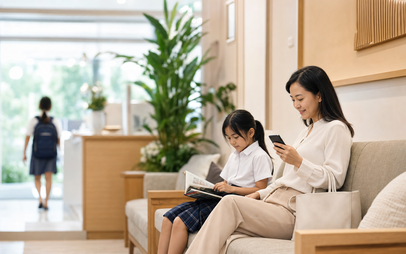 A parent settles a payment quietly while their child reads nearby.