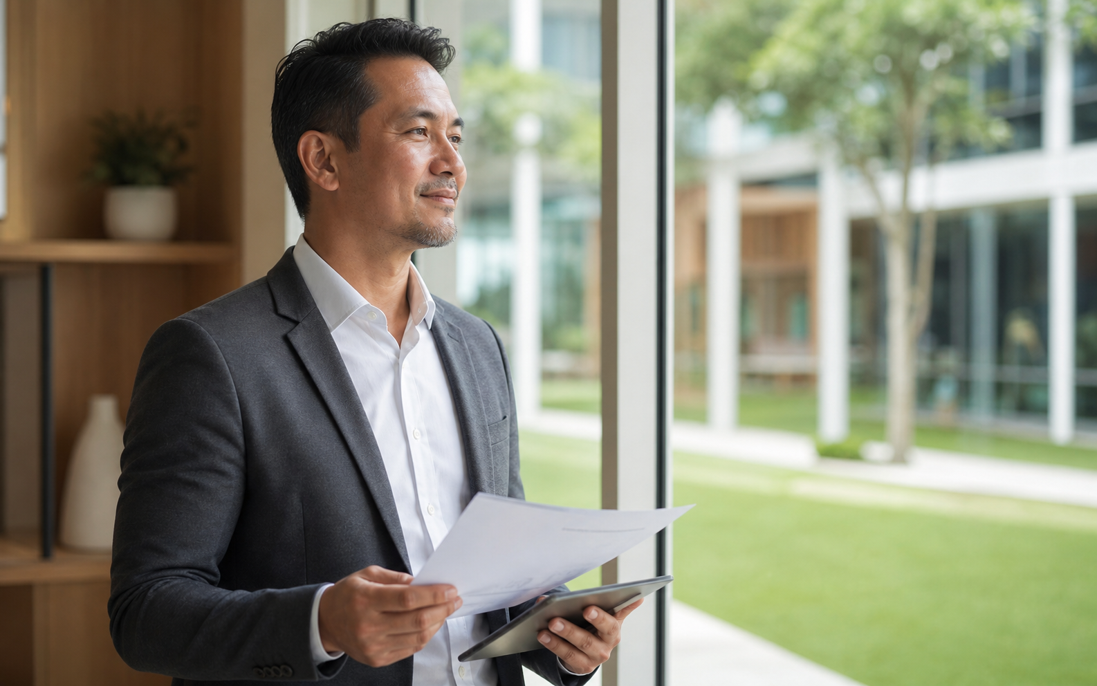 A school owner calmly reviews an overview by a bright window.
