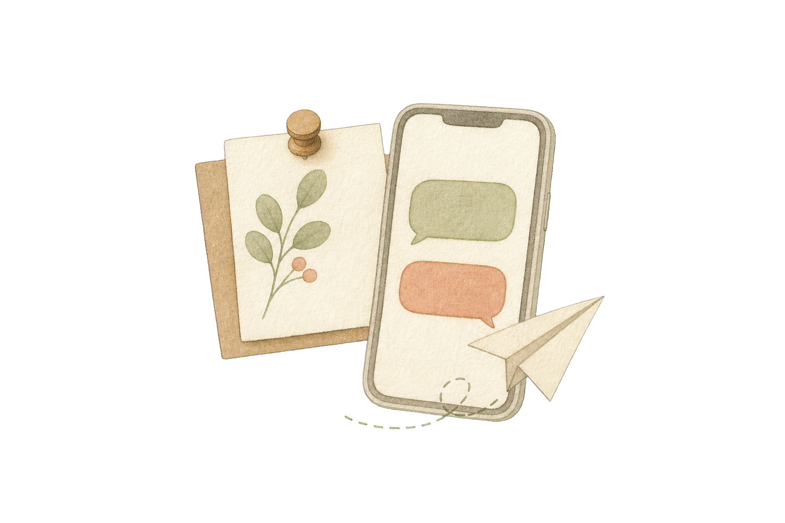 Hand-drawn phone, pinboard note, and paper airplane