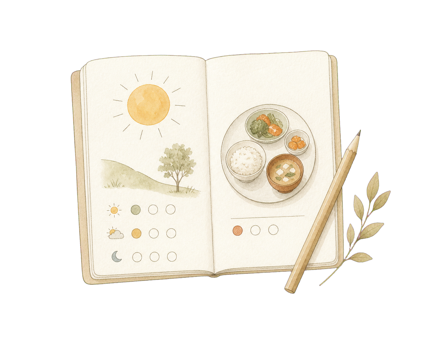 Hand-drawn daily journal, pencil, and leafy sprig