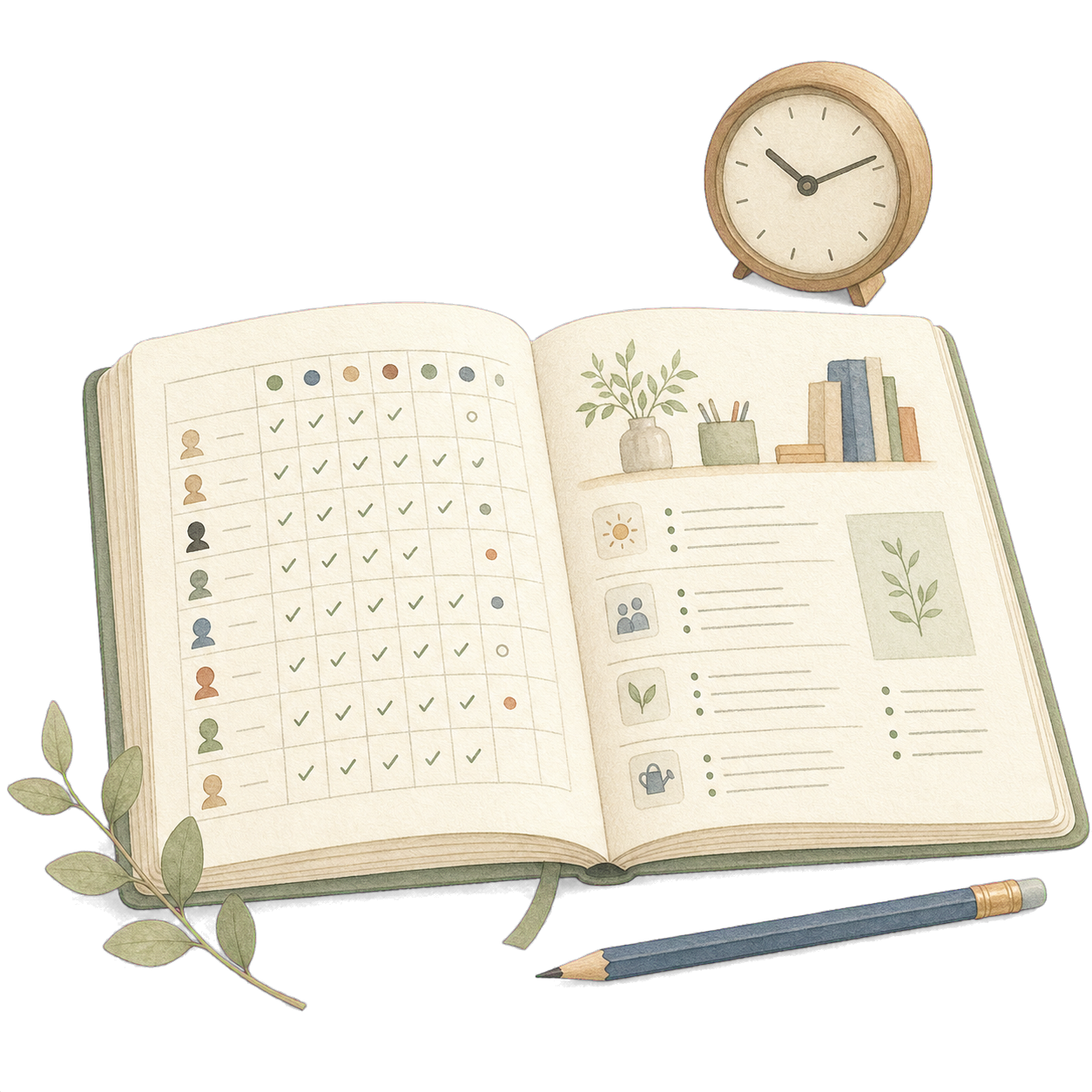 Hand-drawn attendance register and daily check-in