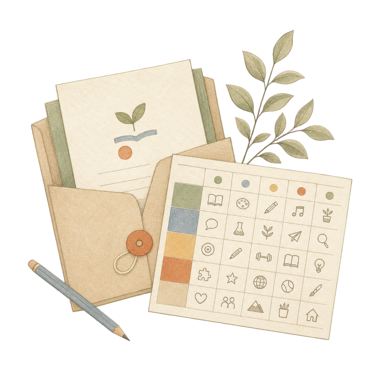 Hand-drawn enrolment cards and class notebook