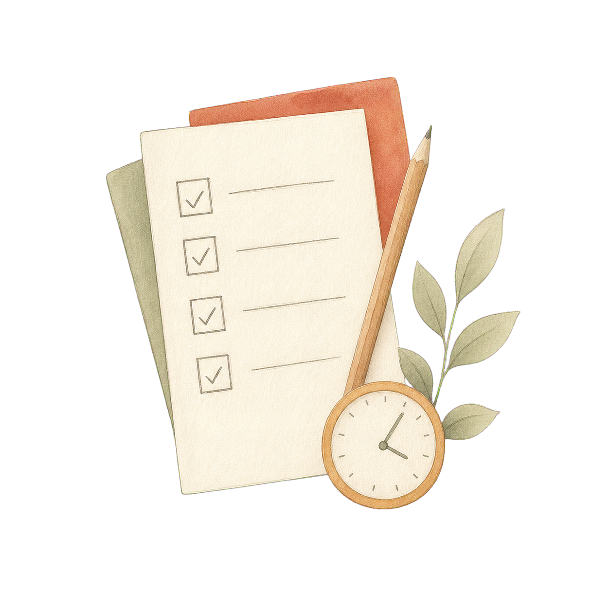 Hand-drawn checklist, pencil, clock, and leaf
