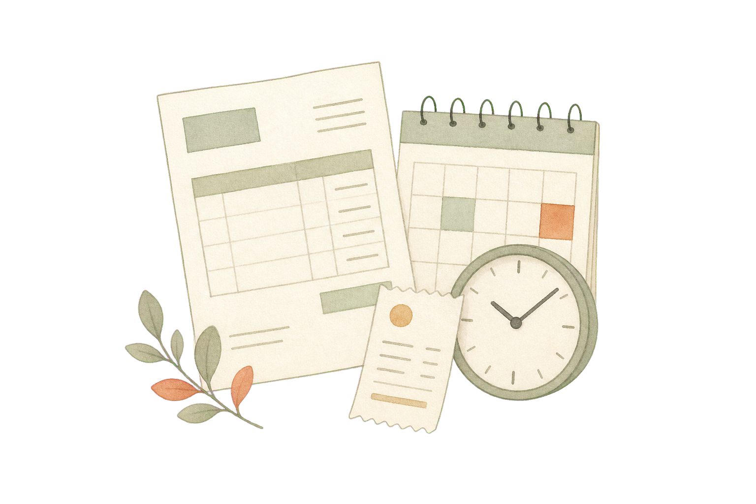 Hand-drawn invoice, calendar, receipt, and clock