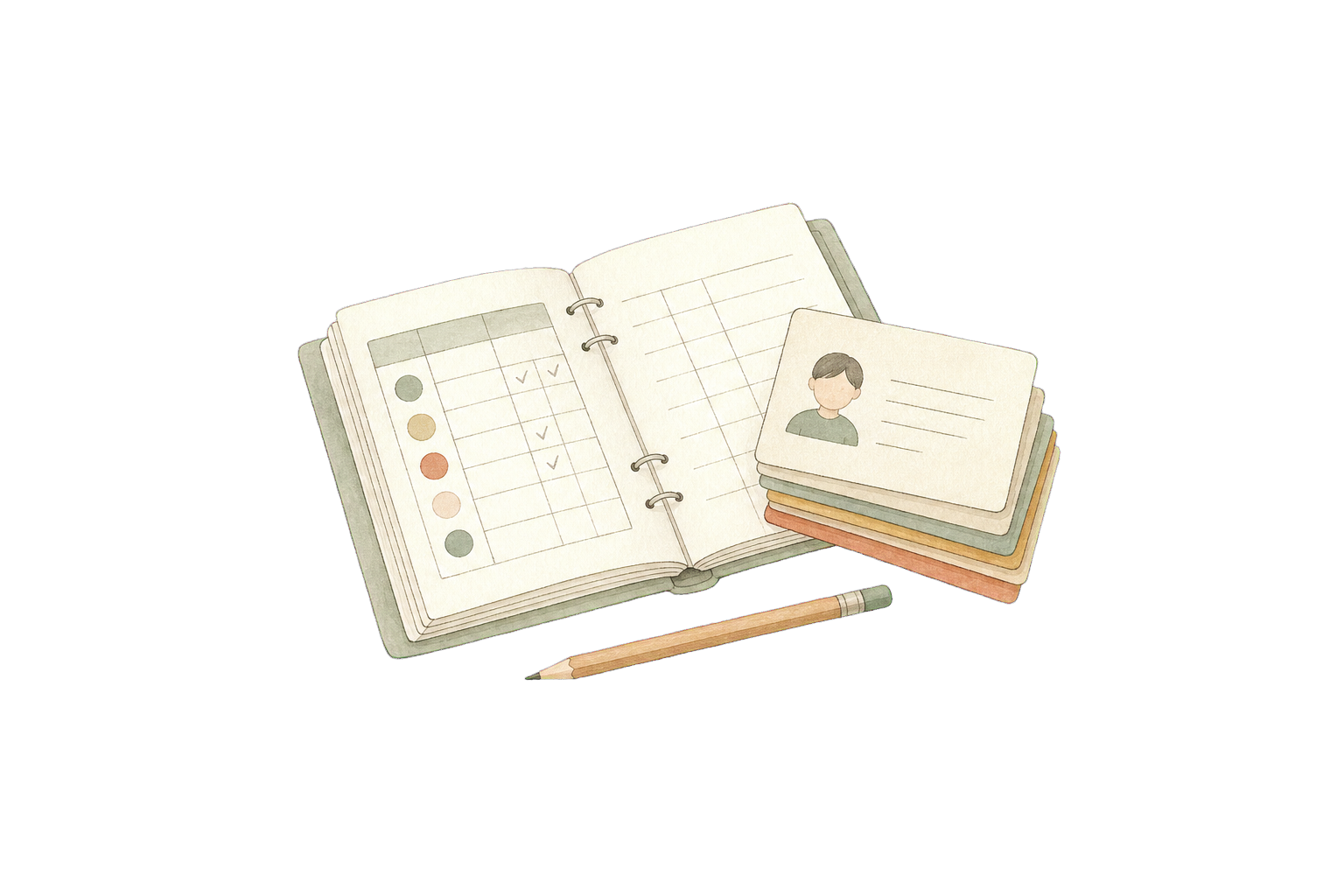 Hand-drawn class register, student cards, and pencil