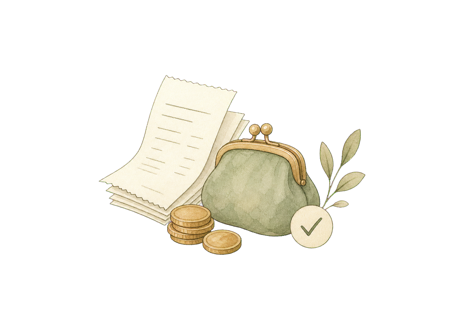Hand-drawn receipts, coin purse, and check mark