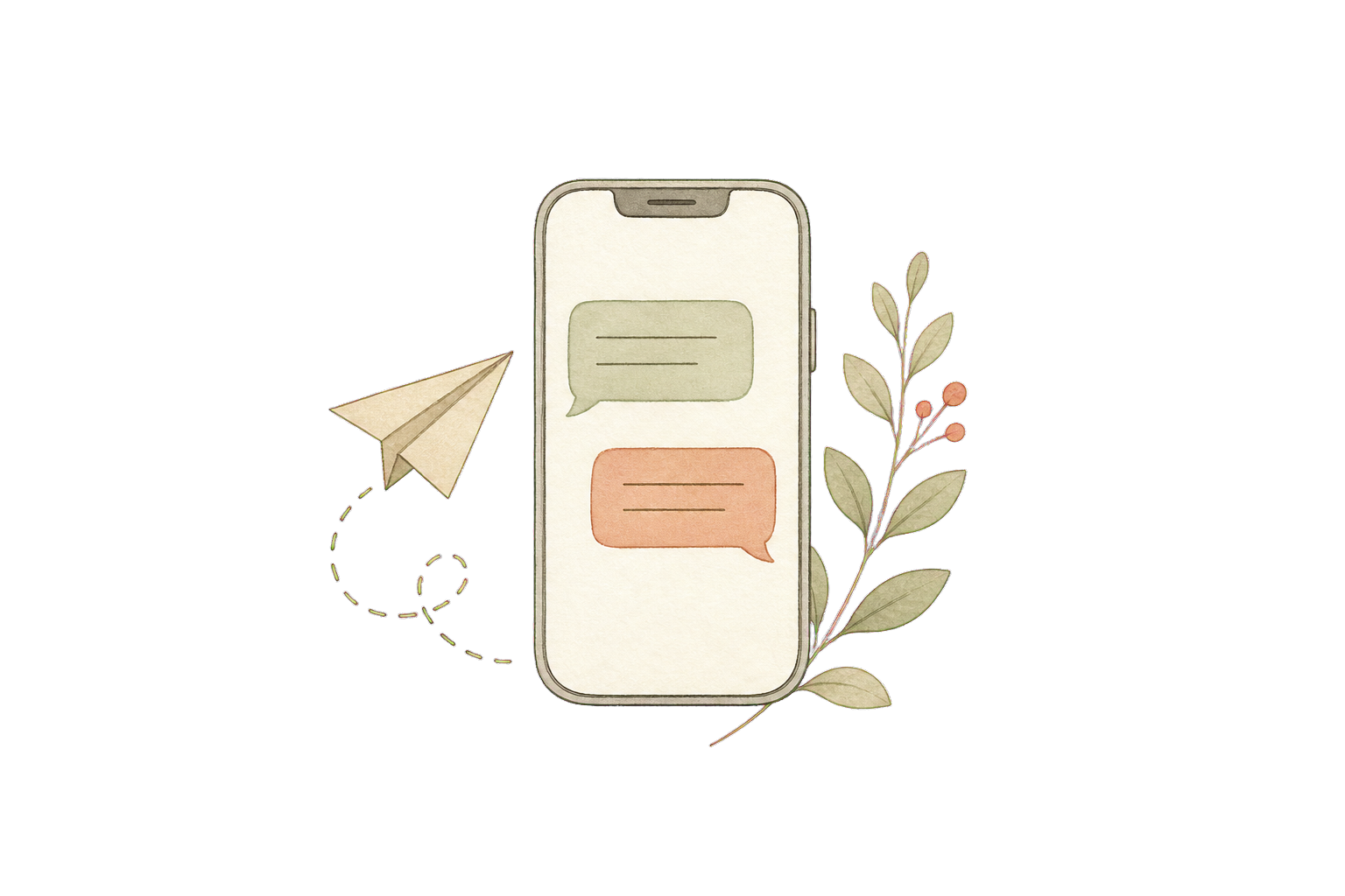 Hand-drawn phone, message bubbles, and paper airplane