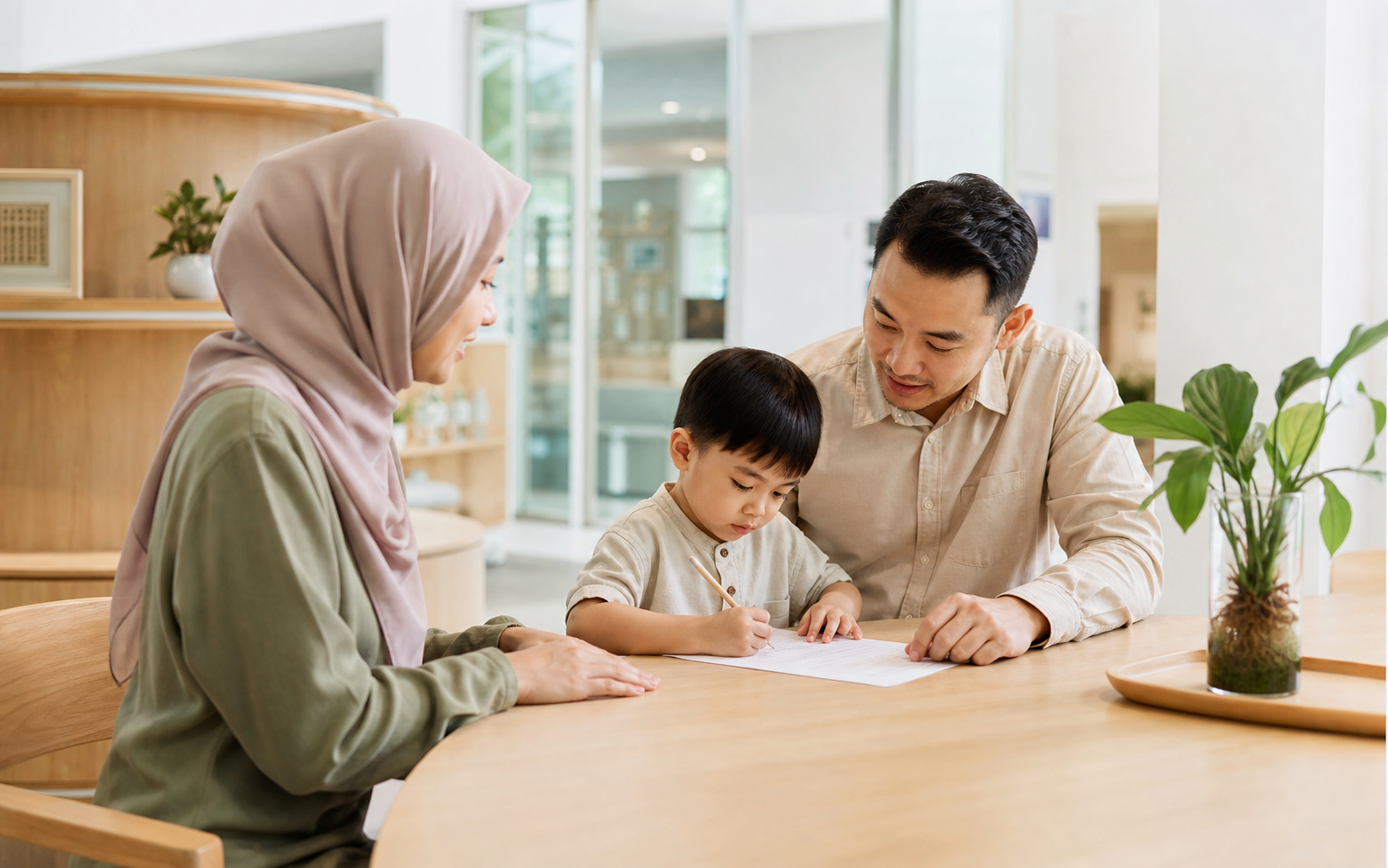 A family completing an enrolment form with a welcoming school educator