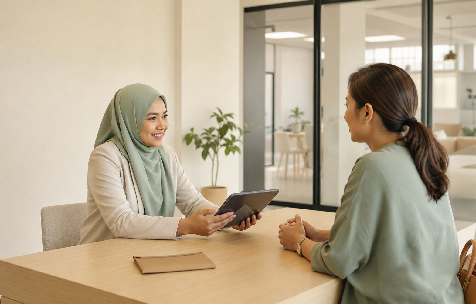 An admissions coordinator helping a parent with a tablet