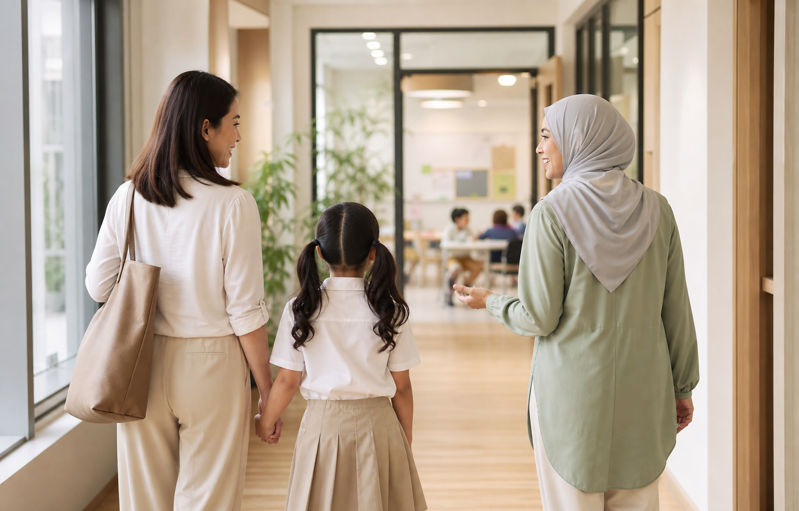 A family taking a welcoming tour toward a bright classroom
