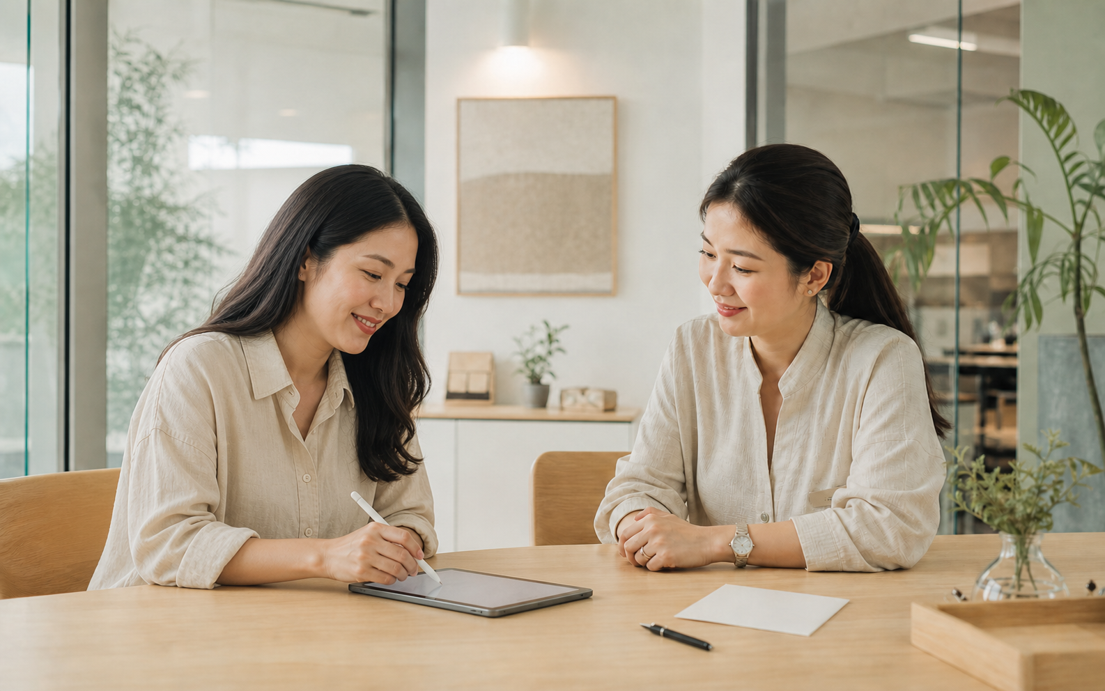 A parent and educator reviewing a welcome pack together