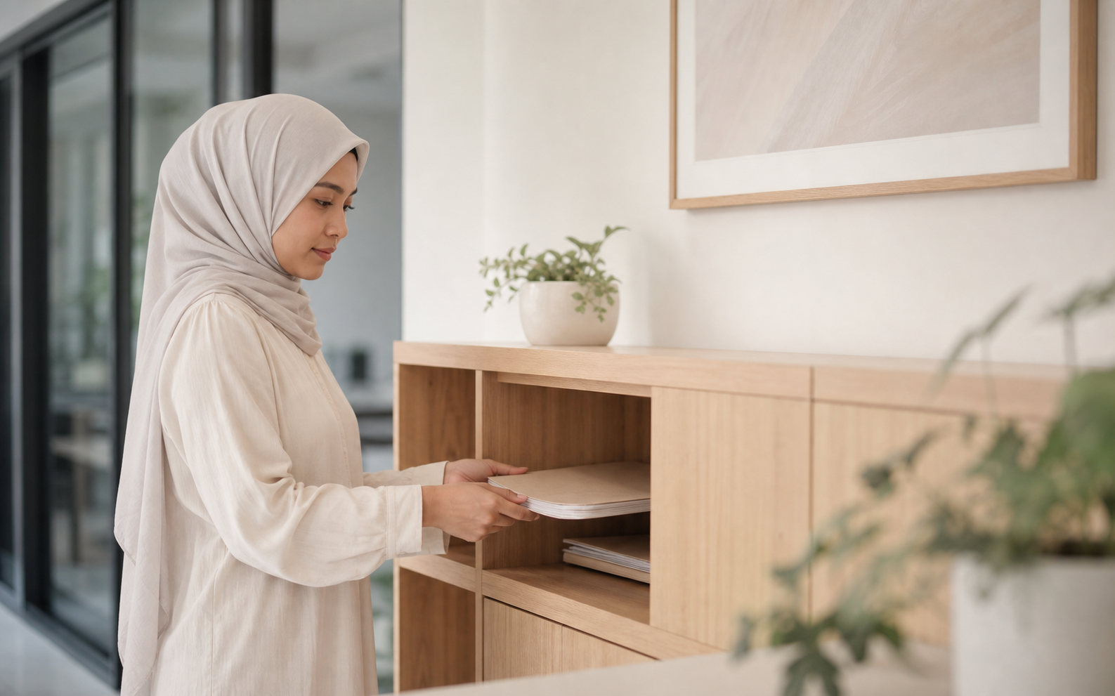 An administrator carefully filing family records in an oak cabinet