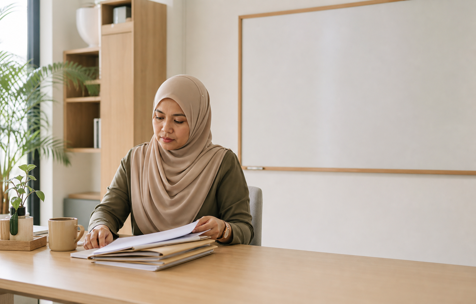 An admissions administrator calmly reviewing organised family folders