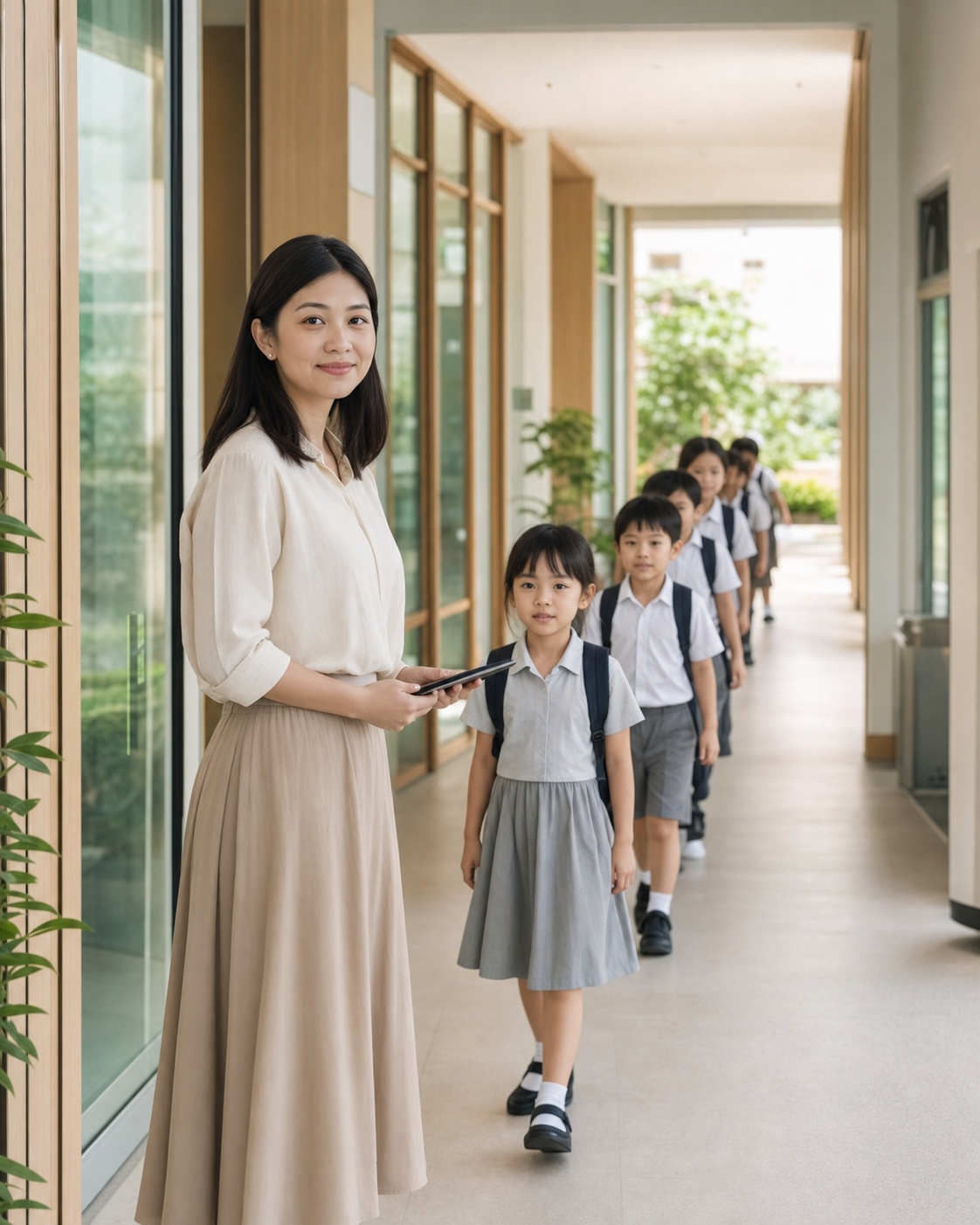 Teacher welcoming a line of students while taking attendance in a bright school corridor