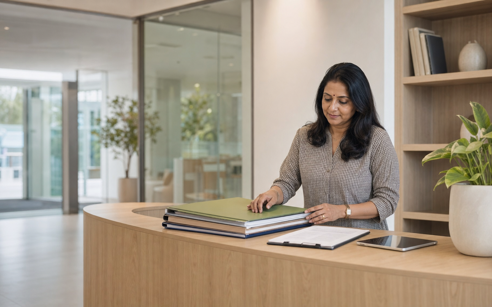 School administrator preparing organised folders for recurring billing