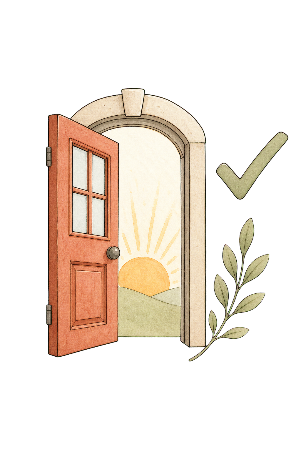 Hand-drawn open school door, sunrise and tick mark