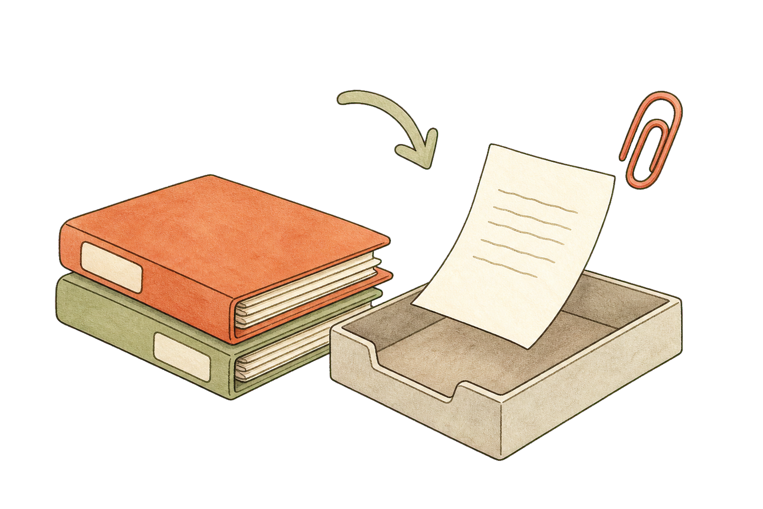 Hand-drawn school folders and document tray