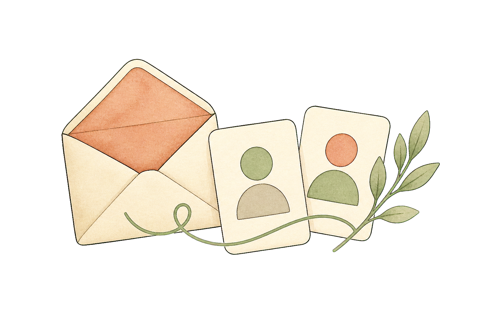 Hand-drawn envelope and connected profile cards