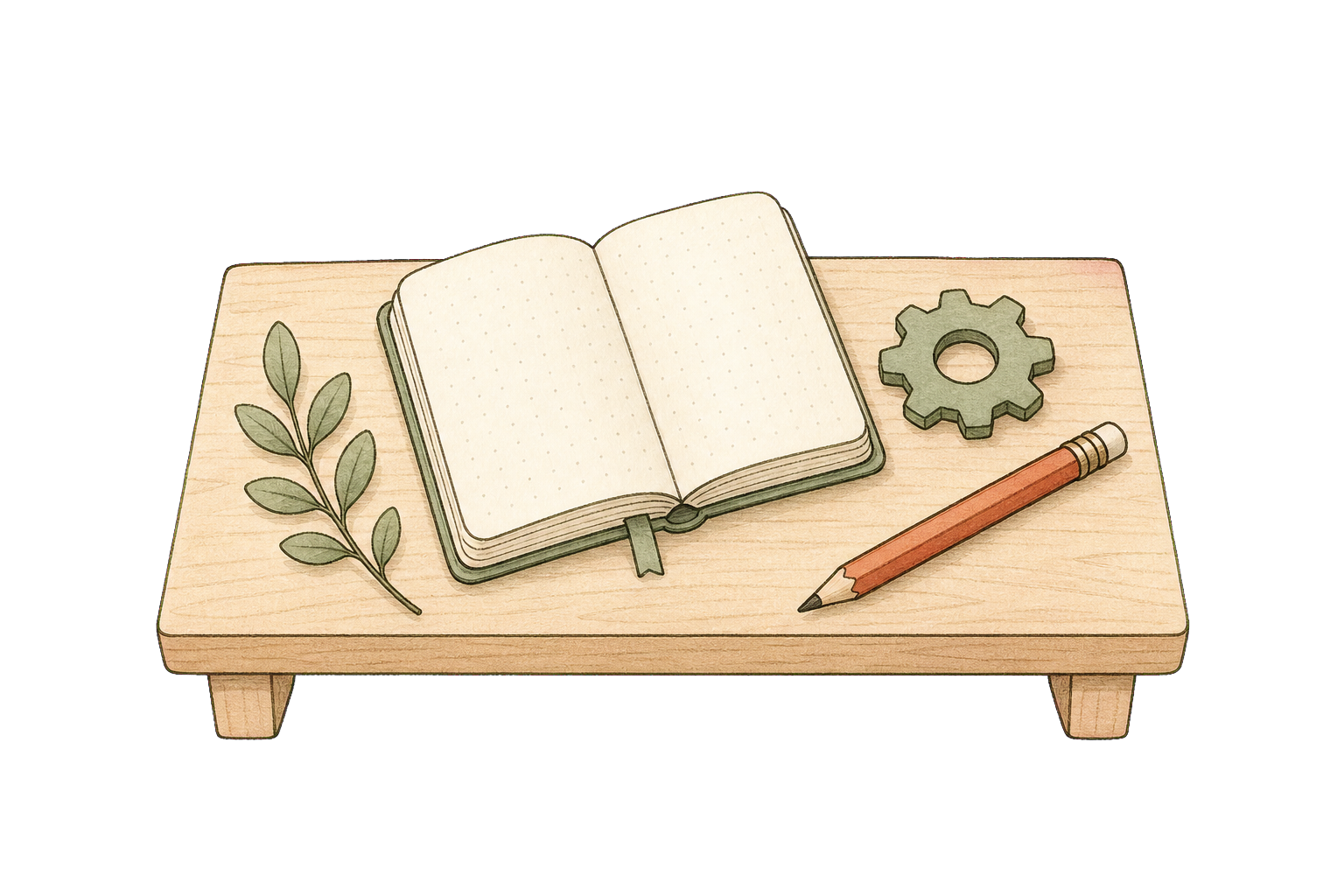 Hand-drawn notebook, settings cog and pencil