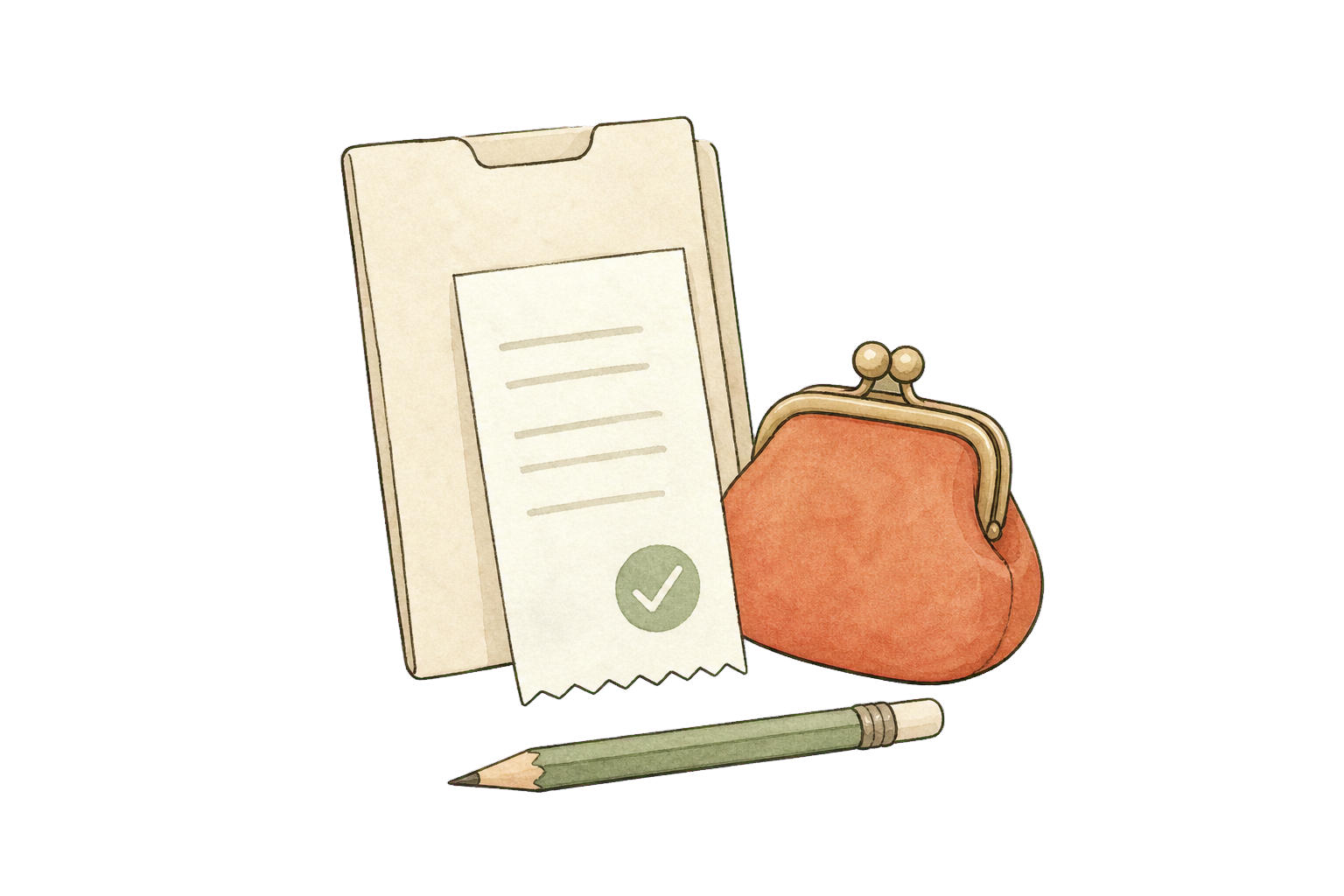 Hand-drawn invoice, receipt and coin purse