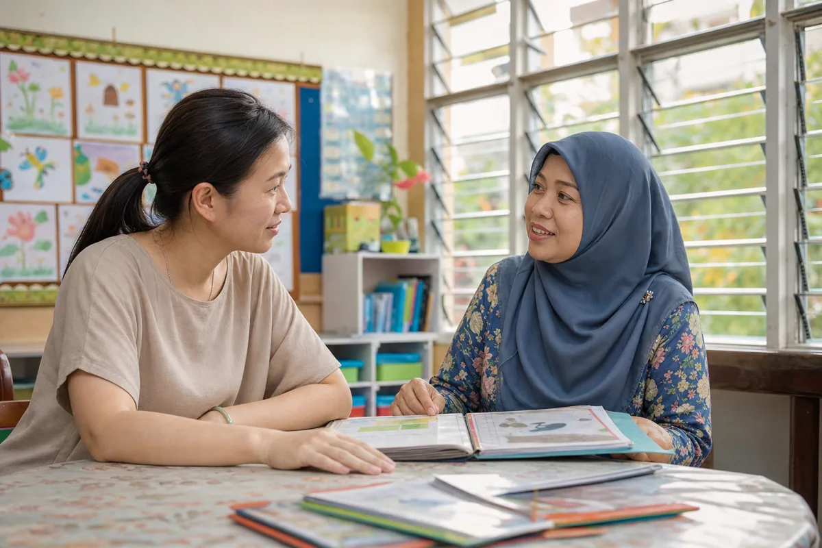 A Malaysian parent and teacher having a thoughtful conversation in a primary classroom