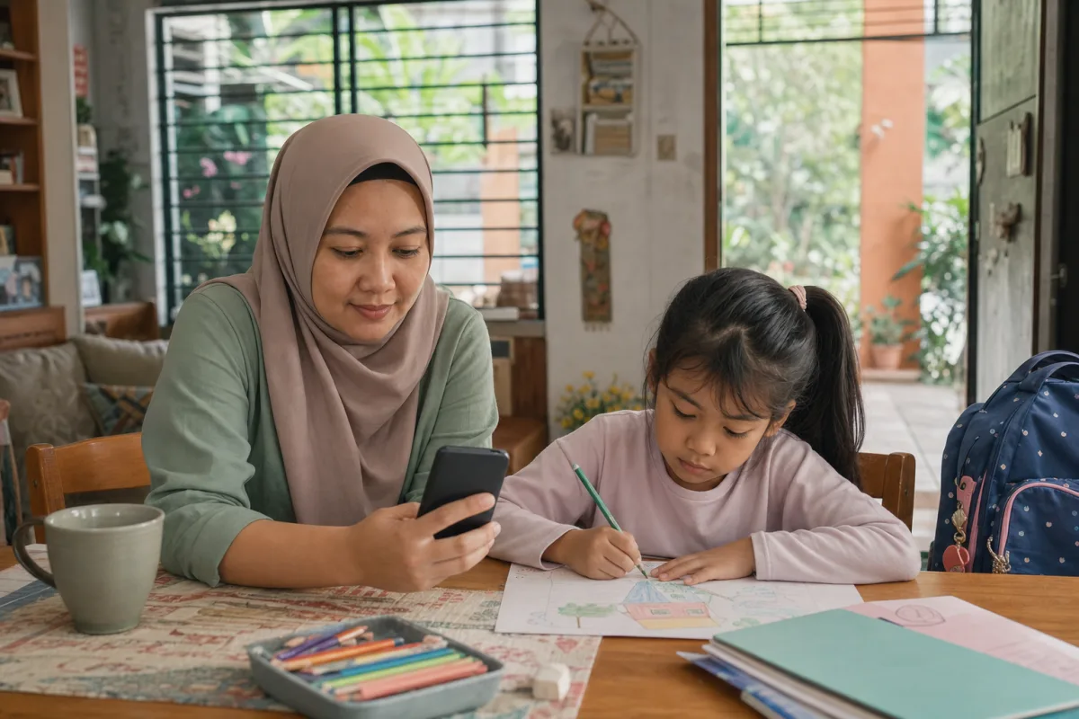 Parent checking a school update while supporting her child at home
