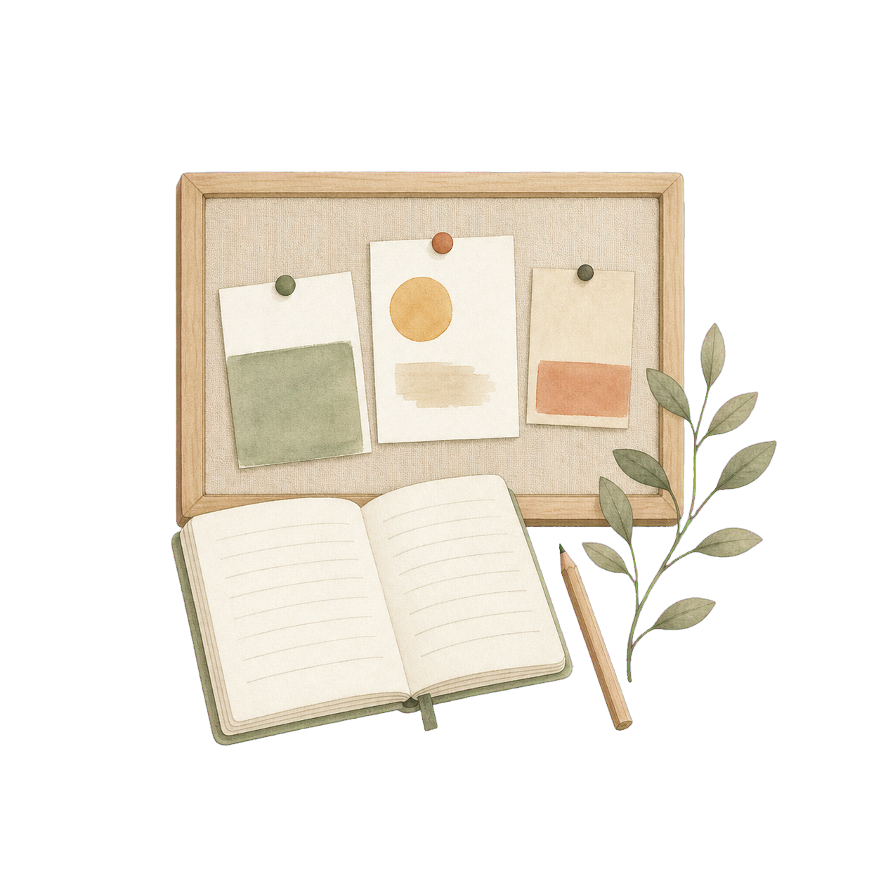 Hand-drawn message board, notebook, and pencil