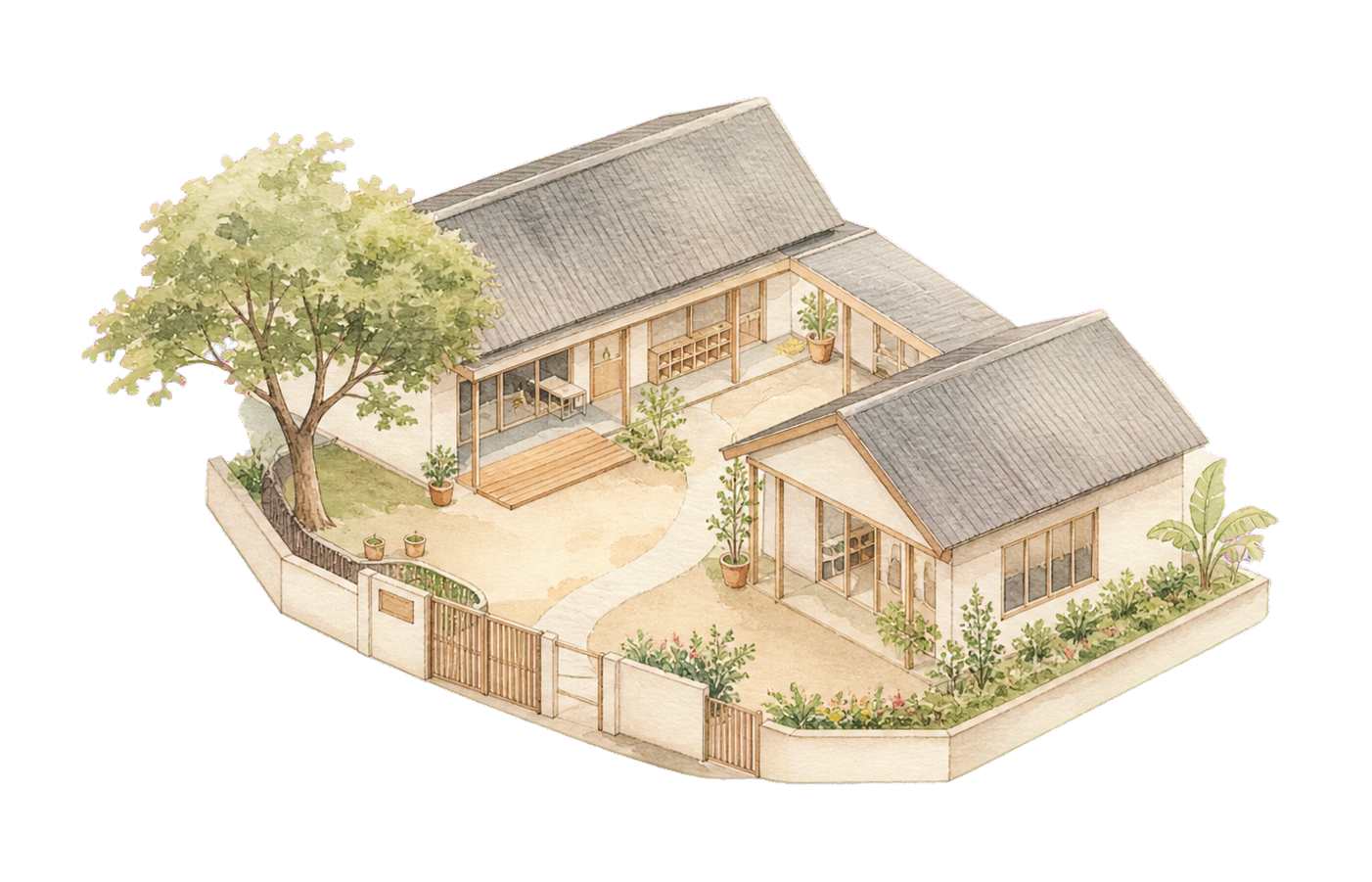 Hand-drawn preschool building surrounded by trees