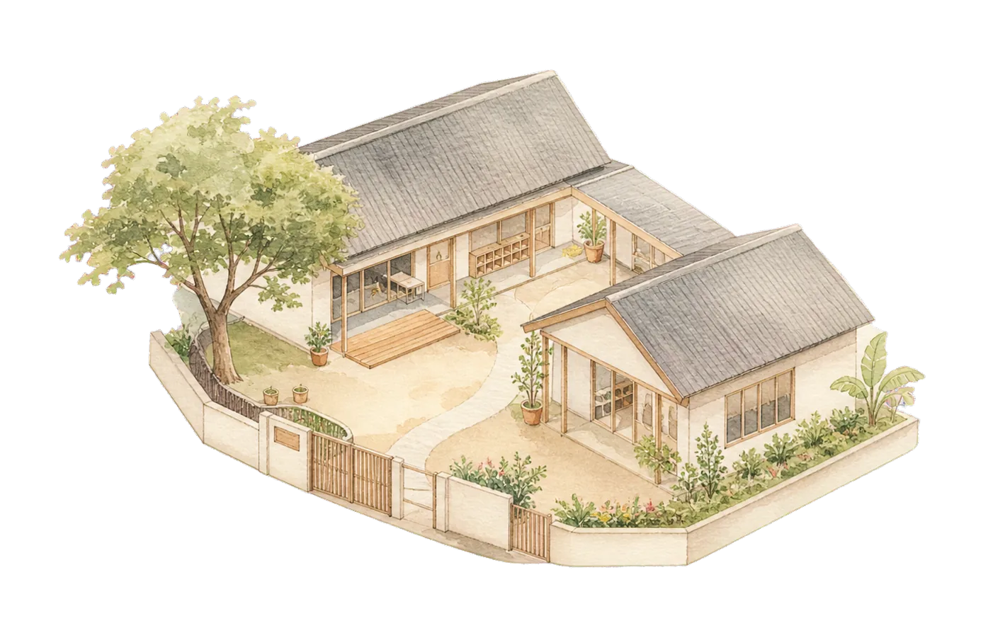 Hand-drawn preschool building surrounded by trees