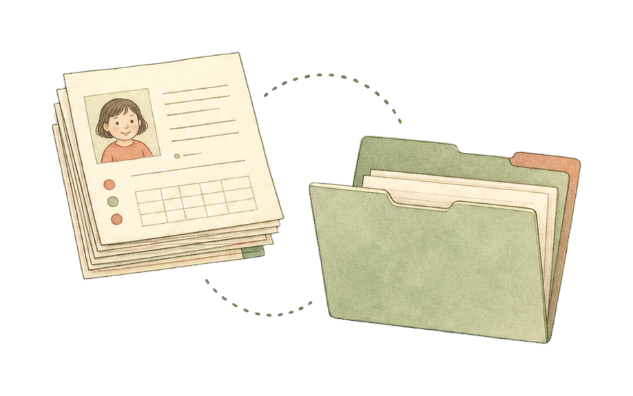 Hand-drawn student records moving into a folder