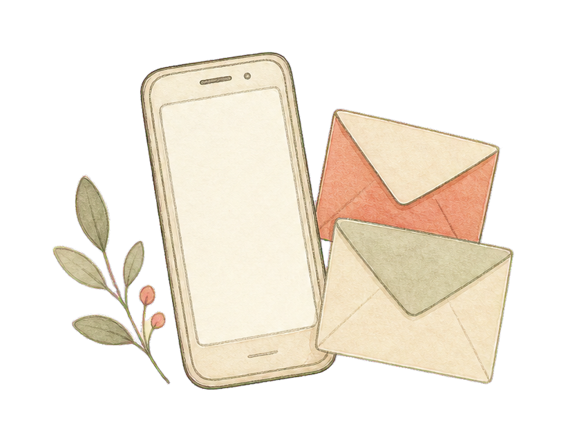 Hand-drawn phone and invitation envelopes
