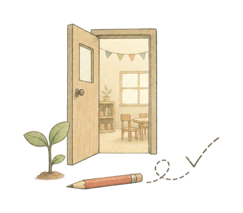 Hand-drawn open classroom door and growing plant