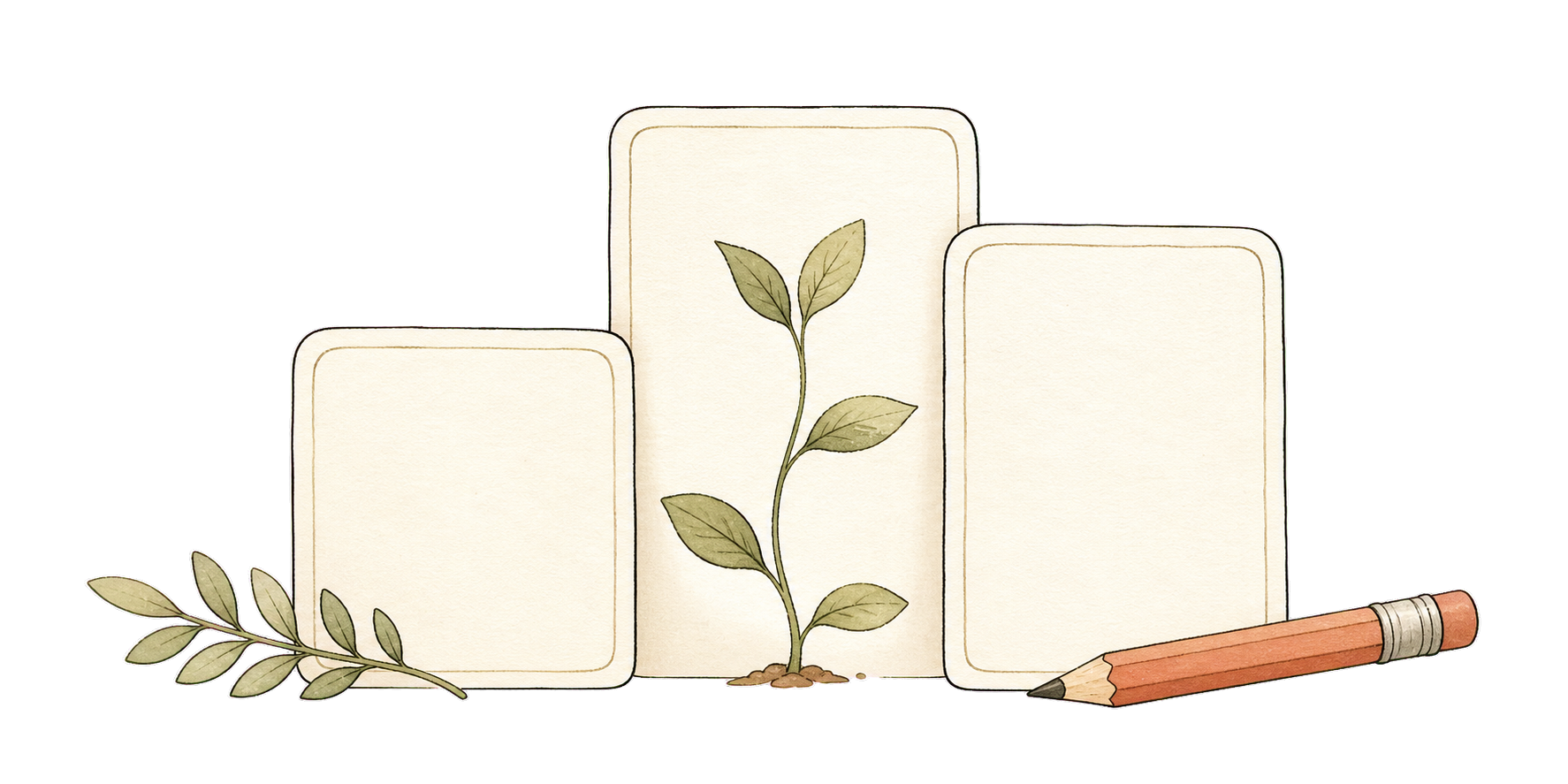 Hand-drawn tiered plan cards with a growing seedling