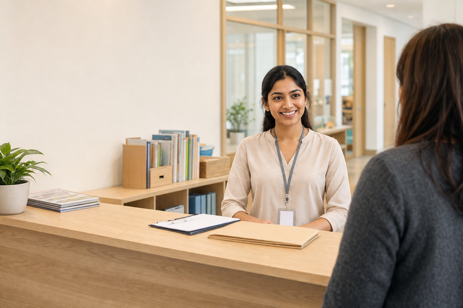School administrator welcoming a parent at the enrolment desk