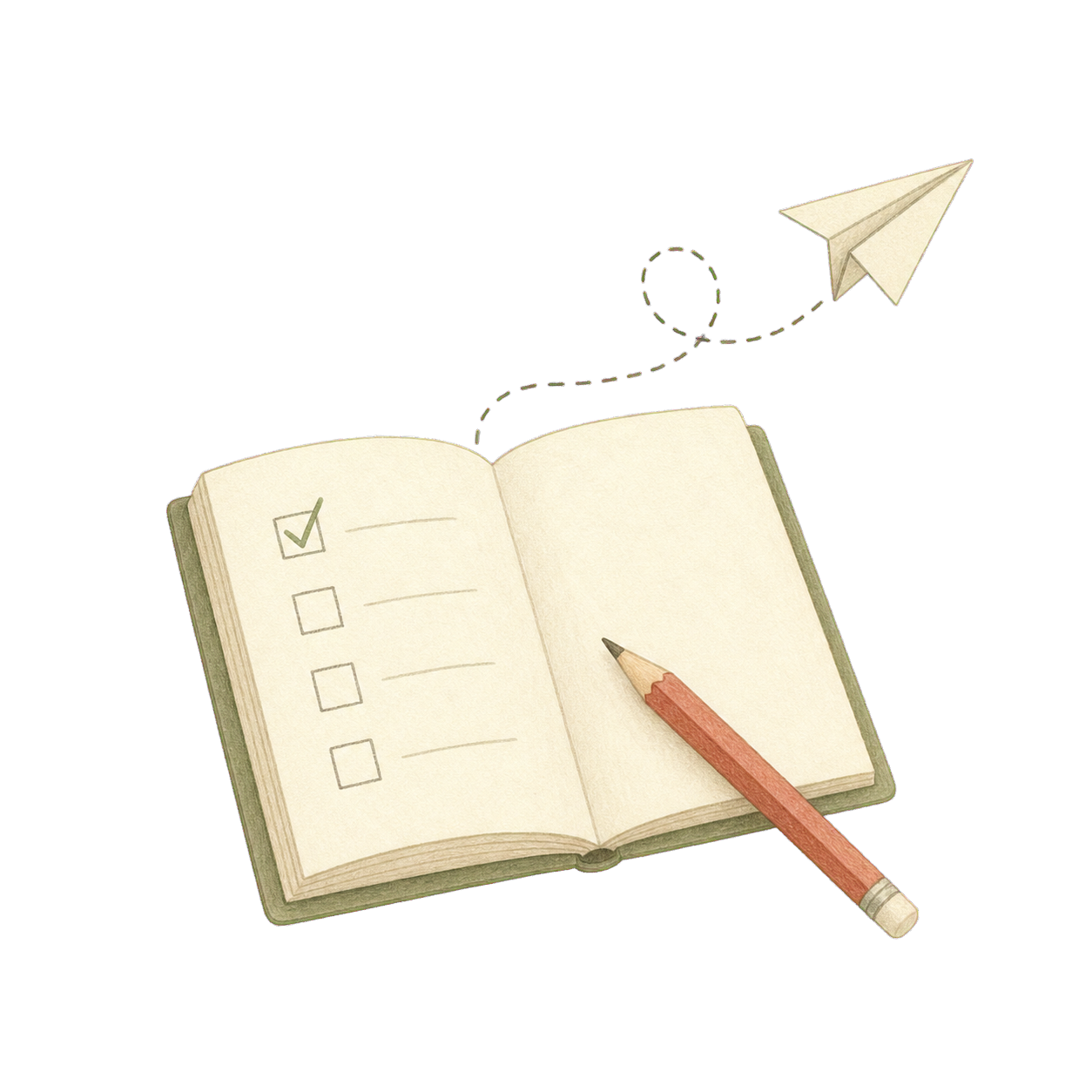 Hand-drawn checklist notebook and paper plane