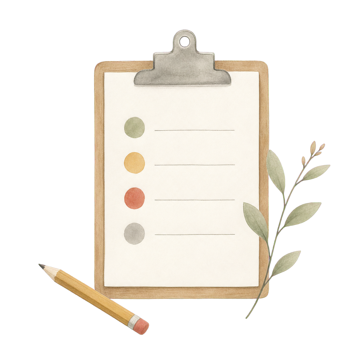 Hand-drawn onboarding clipboard and sprig