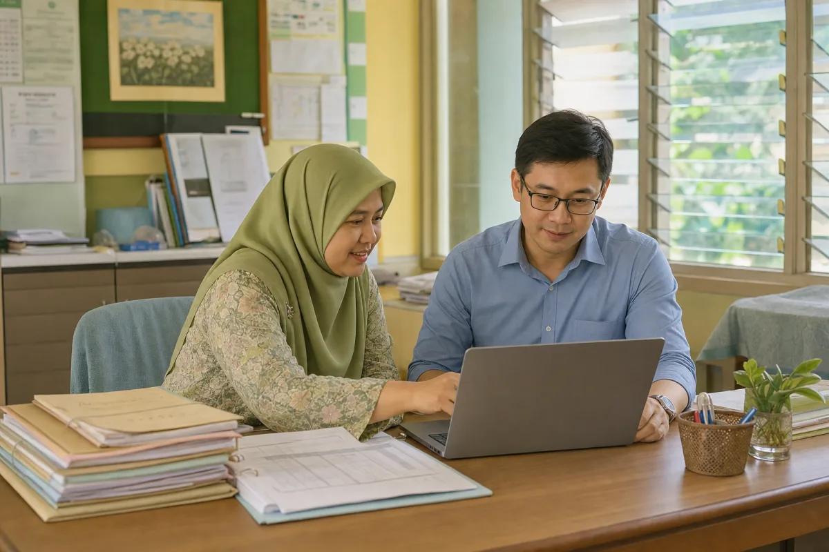 Malaysian school administrators reviewing student records together