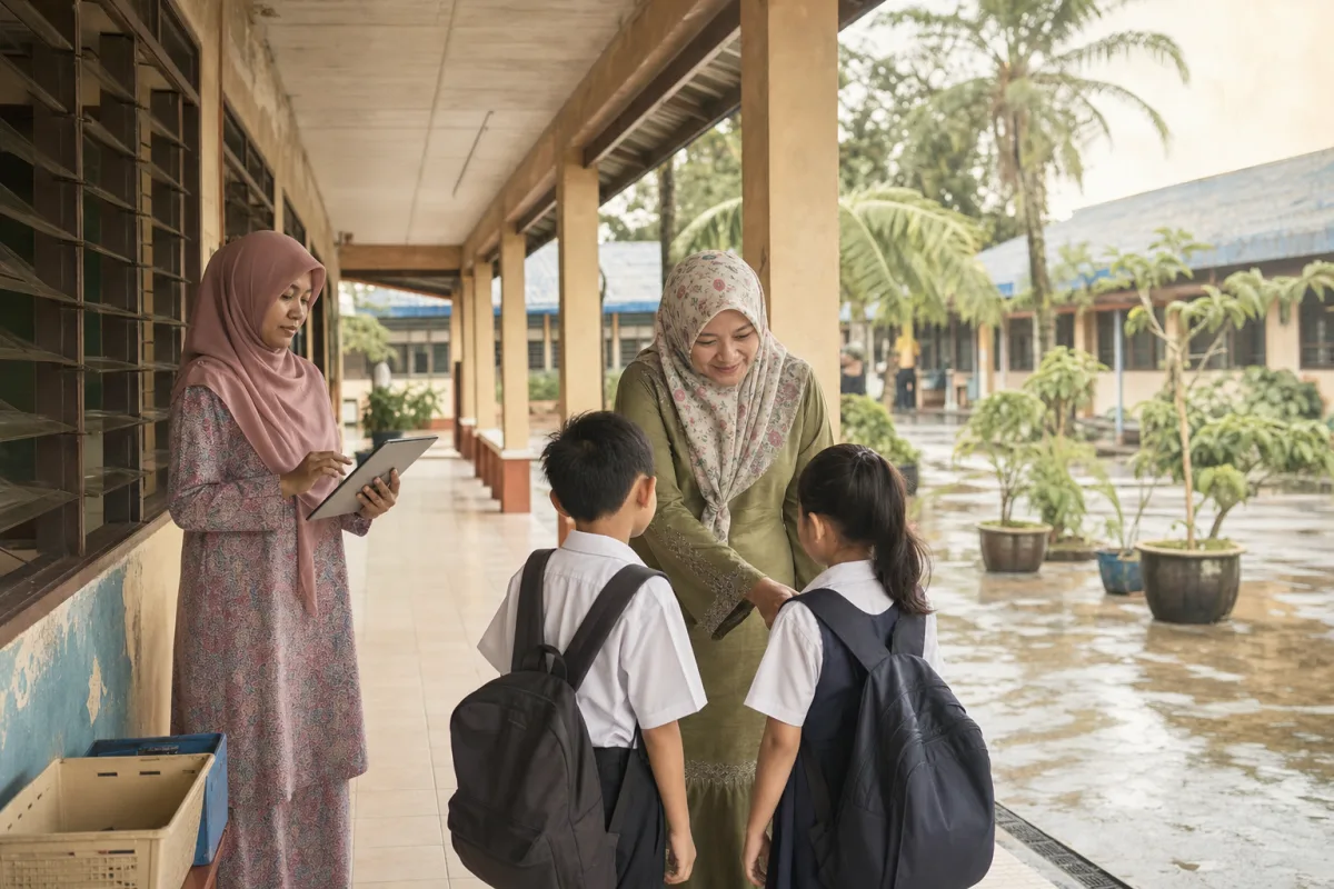 Teachers welcoming students during morning arrival at a Malaysian school