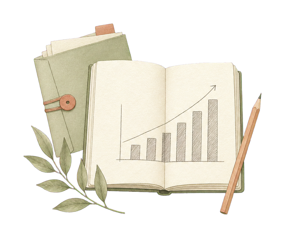 Hand-drawn management notebook, pencil, and leaf