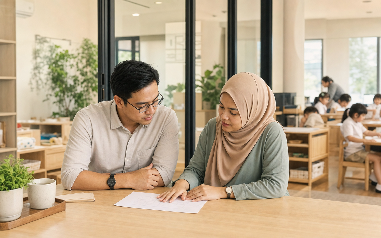 Two educators coordinating staffing in a bright Malaysian classroom